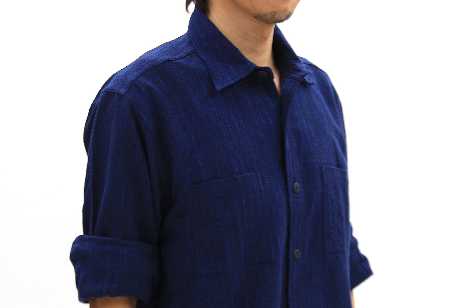 藍染綿紬紳士シャツ(シャツカラー) - 藍染-阿波正藍・しじら織・服 